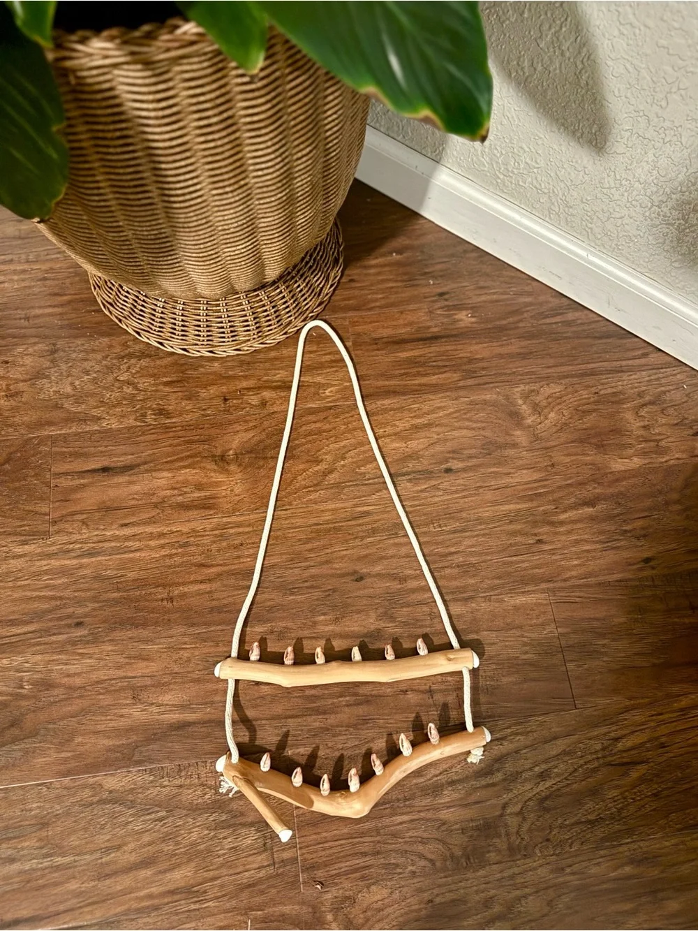 Driftwood And Rope Wall Hanging With Seashell Hooks For Jewelry